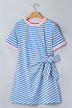 Green Stripe Nautical Tie Contrast Trim Round Neck T Shirt Mini Dress