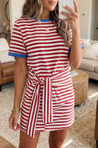 Green Stripe Nautical Tie Contrast Trim Round Neck T Shirt Mini Dress