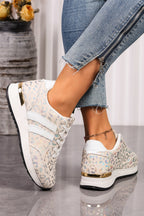 White Leopard Print Lace-Up Low-Top Sneakers with Rubber Sole