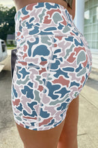 Sky Blue Abstract Camo Printed Seam Detail Biker Shorts