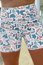 Sky Blue Abstract Camo Printed Seam Detail Biker Shorts