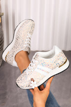 White Leopard Print Lace-Up Low-Top Sneakers with Rubber Sole